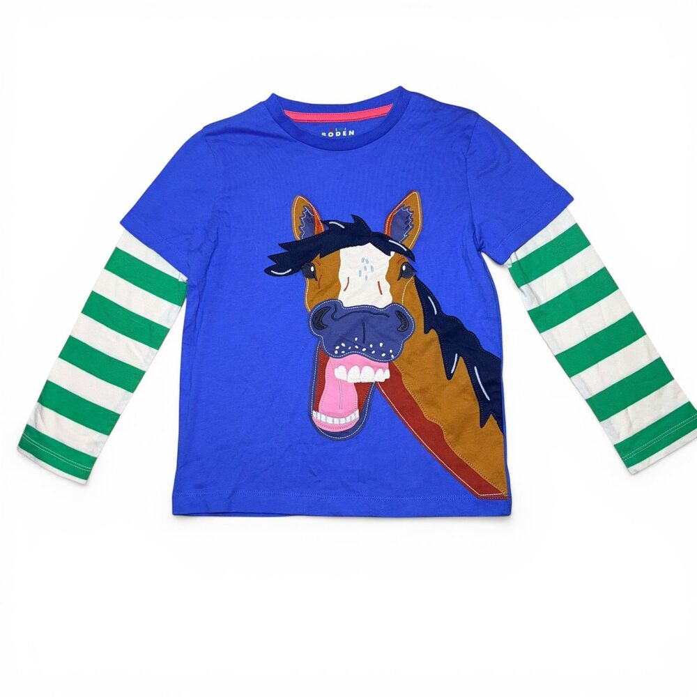 Mini Boden Kids Horse Appliqué Layered Cotton T-Shirt Blue Green Striped 5-6Y
